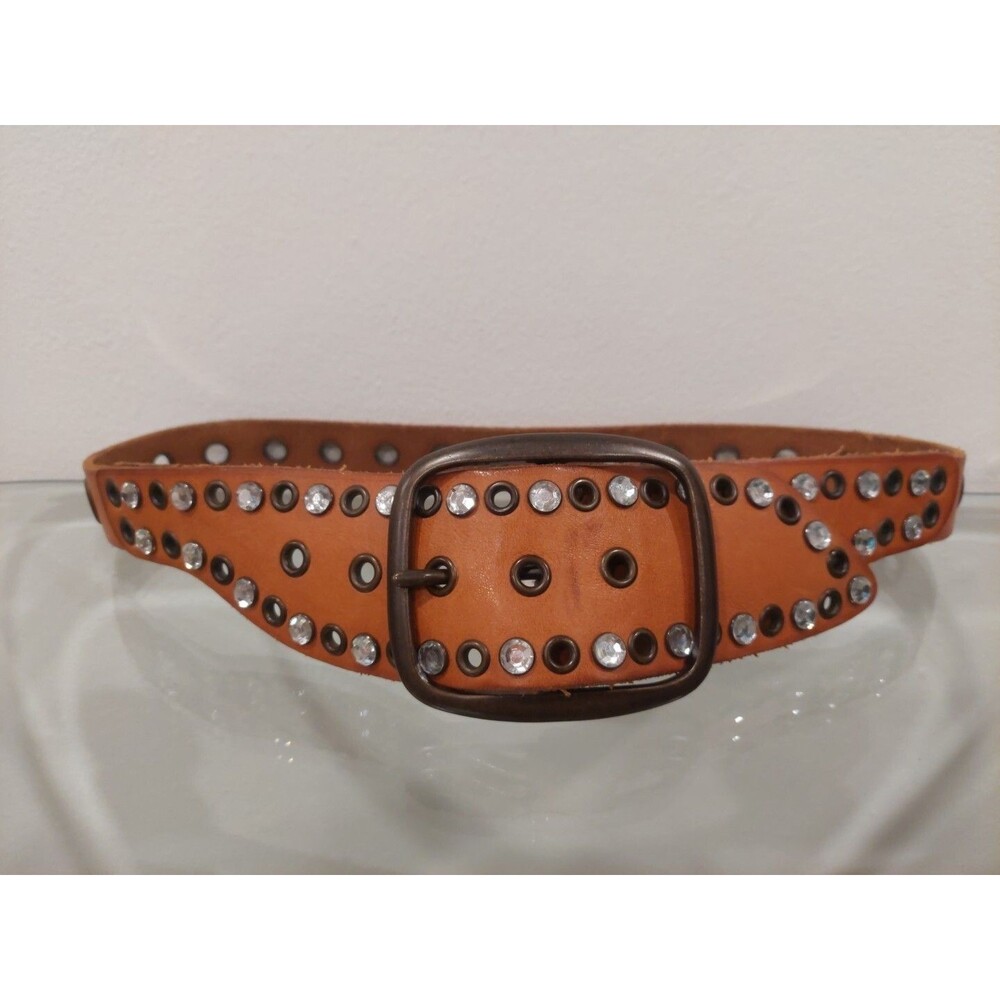 Gap 1969 Studded Rhinestone Leather Belt Massive Buckle Closure Brown Small